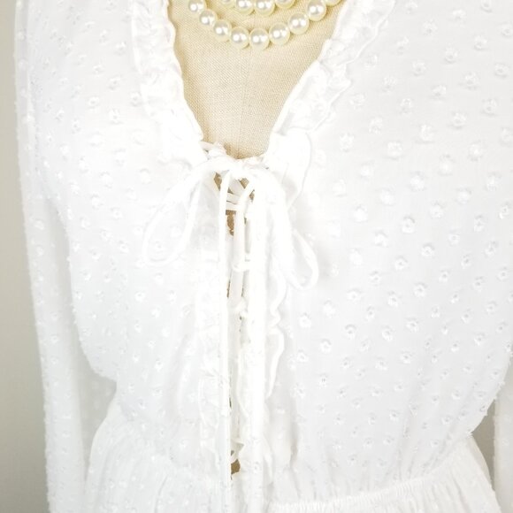 Venus White Chenille Dot Tiered Mini Dress with Long Sheer Sleeves Size Small - Picture 4 of 11